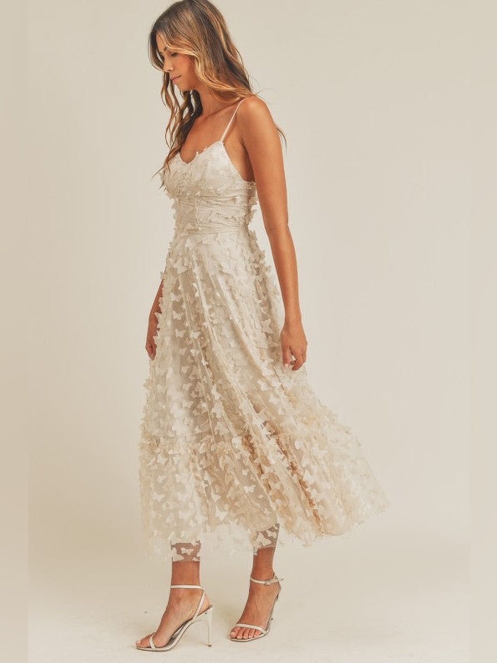 Mable Cream 3D Butterfly Lace-Up Midi Dress Corset Sweetheart Tiered Lulus - Picture 4 of 15